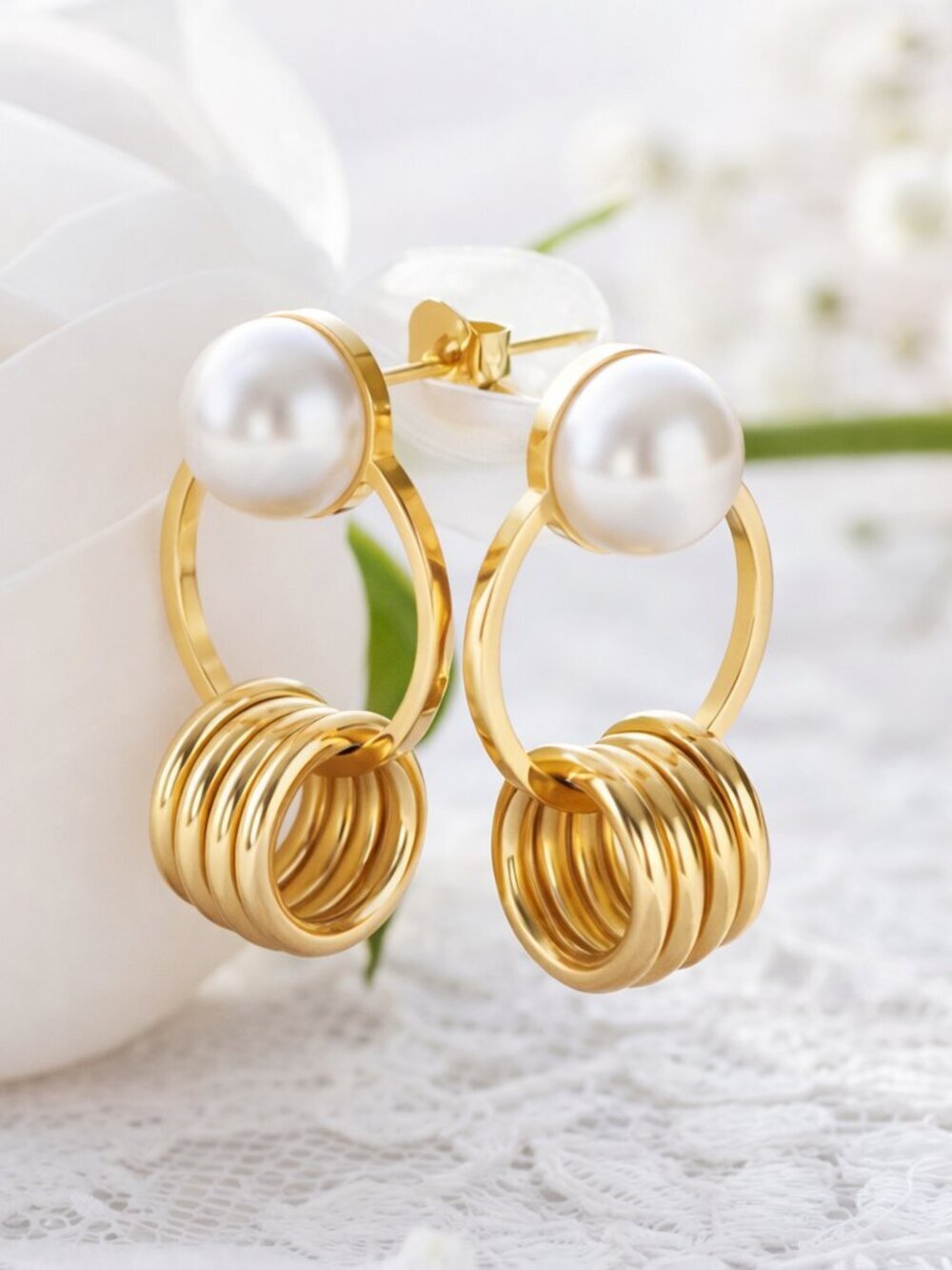 Gold Plated Stainless Steel Faux Pearl Cascading Hoop Earrings Bridal Minimalist